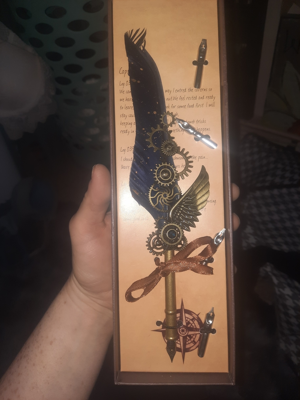 Steampunk Winged Feather Pen in Blue and Gold